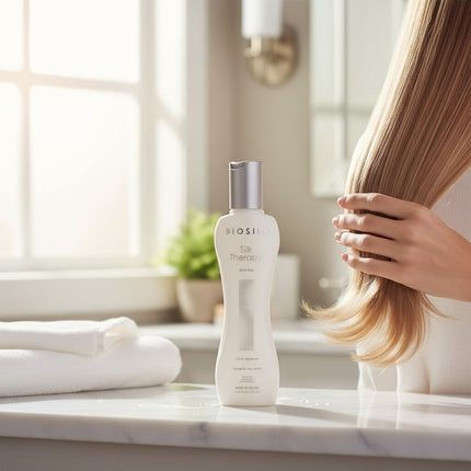 Tia's Treasure Collections Biosilk Silk Therapy hair treatment bottle on a bathroom counter with healthy hair nearby.
