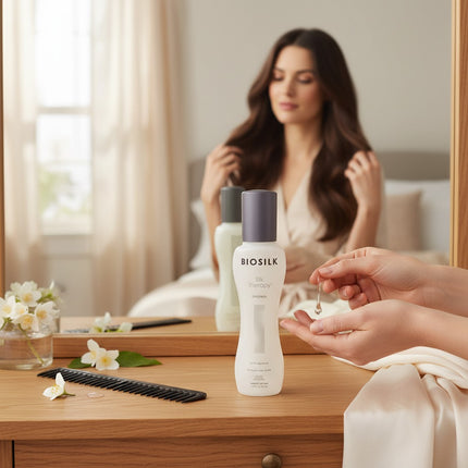Tia's Treasure Collections Biosilk Silk Therapy leave-in hair treatment bottle on a wooden vanity with a woman
