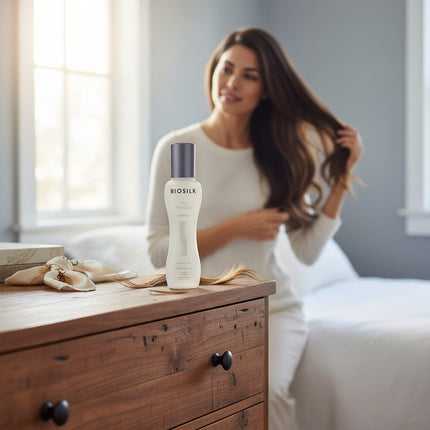 Tia's Treasure Collections Biosilk Silk Therapy leave-in hair treatment bottle on a wooden dresser with a woman nearby