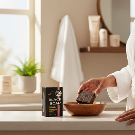 Tia's Treasure Collections Black and White soap bar being placed into a wooden bowl in a bright bathroom setting