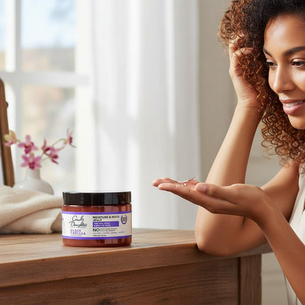Tia's Treasure Collections Carol's Daughter Black Vanilla Moisture & Hold Jelly jar with woman applying hair product