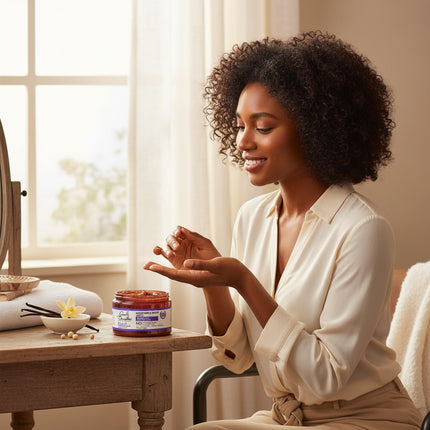 Tia's Treasure Collections Carol's Daughter Black Vanilla Moisture & Hold Jelly held by a smiling woman
