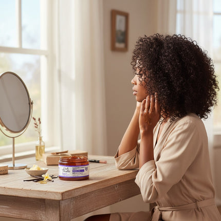 Tia's Treasure Collections Carol's Daughter Black Vanilla hair jelly jar on a wooden vanity with a woman styling hair