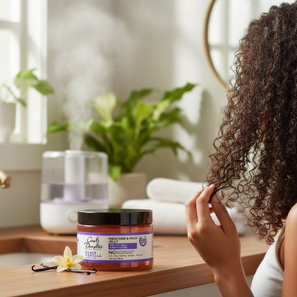 Tia's Treasure Collections Carol's Daughter Black Vanilla Moisture & Hold Jelly jar on a wooden bathroom vanity.