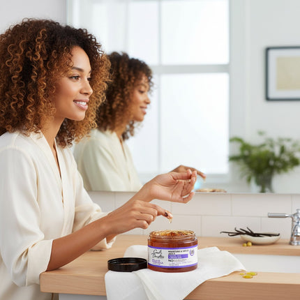 Tia's Treasure Collections Carol's Daughter Black Vanilla Moisture & Hold Jelly jar on a bathroom counter with a woman