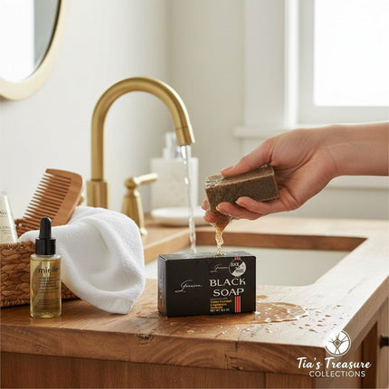 Tia's Treasure Collections Black & White soap bar being held over a wooden bathroom vanity with a running faucet.
