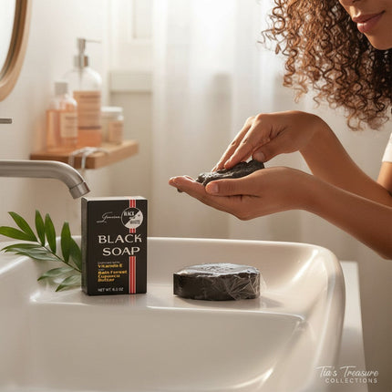 Tia's Treasure Collections Black and White soap bar with Vitamin E and Cupuacu butter in a bathroom setting