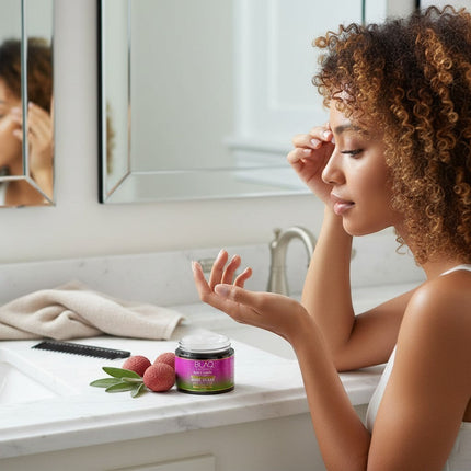 Tia's Treasure Collections Blaq Luxury Sage & Lychee edge glaze jar on a bathroom vanity with fresh lychee fruit