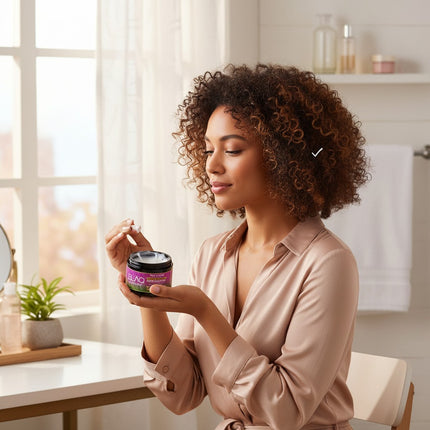 Tia's Treasure Collections Blaq Luxury Sage and Lyche hair masque jar held by a woman with curly hair in a bright room