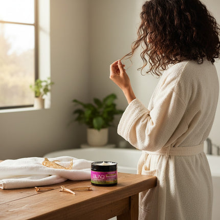 Tia's Treasure Collections Blaq Luxury Sage and Lyche hair masque jar on a wooden table with a woman in a robe