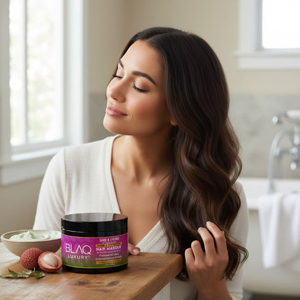 Tia's Treasure Collections Blaq Luxury Sage and Lyche hair masque jar with fresh lychee fruit on a wooden table