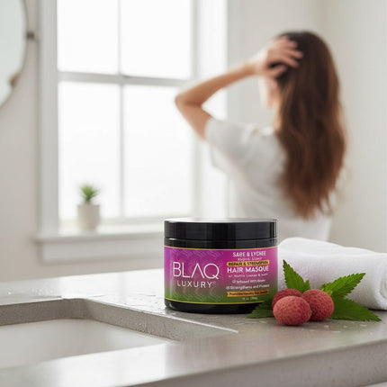 Tia's Treasure Collections Blaq Luxury Sage and Lychee hair masque jar with fresh lychee fruit on a bathroom counter