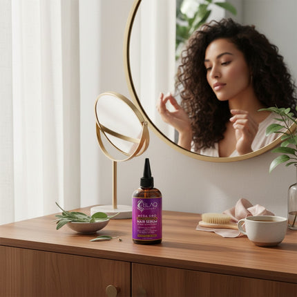 Tia's Treasure Collections Blaq Luxury Sage and Lychee Mega Gro hair serum bottle on a wooden vanity with a mirror.