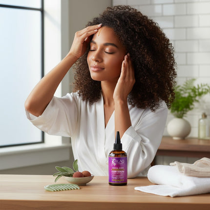 Tia's Treasure Collections Blaq Luxury Sage and Lychee Mega Gro hair serum bottle with model applying serum to scalp.