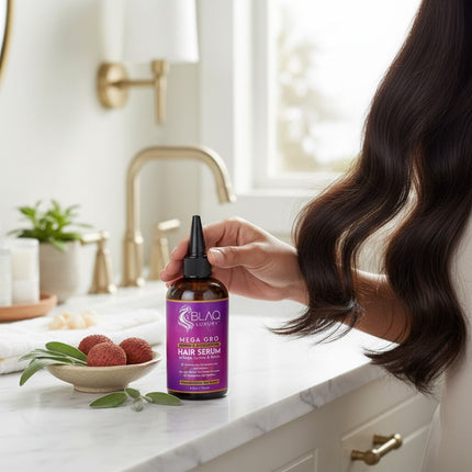 Tia's Treasure Collections Blaq Luxury Sage and Lychee Mega Gro hair serum bottle on a bathroom vanity