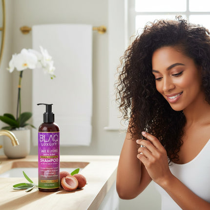 Tia's Treasure Collections Blaq Luxury Sage & Lychee shampoo bottle next to a woman with curly hair in a bathroom.