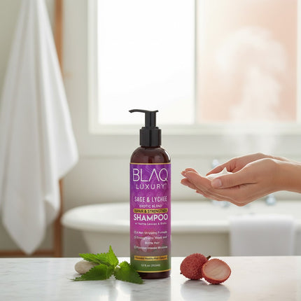 Tia's Treasure Collections Blaq Luxury Sage and Lychee shampoo bottle with pump, next to fresh lychee and nettle.