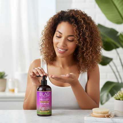 Tia's Treasure Collections Blaq Luxury Sage and Lychee Styler Gel held by a woman with curly hair in a bright room.