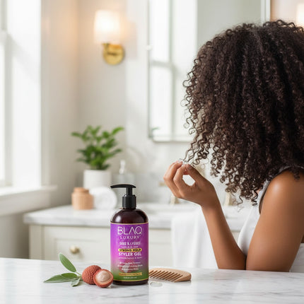 Tia's Treasure Collections Blaq Luxury Sage and Lychee Styler Gel bottle with fresh fruit on a bathroom counter