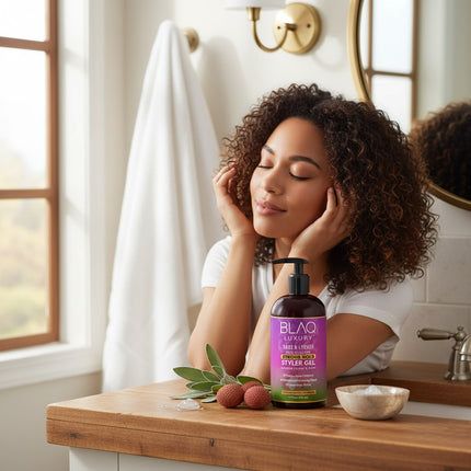 Tia's Treasure Collections Blaq Luxury Sage and Lychee Styler Gel bottle on a bathroom counter with fresh ingredients.