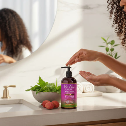 Tia's Treasure Collections Blaq Luxury Sage and Lychee Styler Gel in a 12 oz pump bottle on a bathroom vanity.