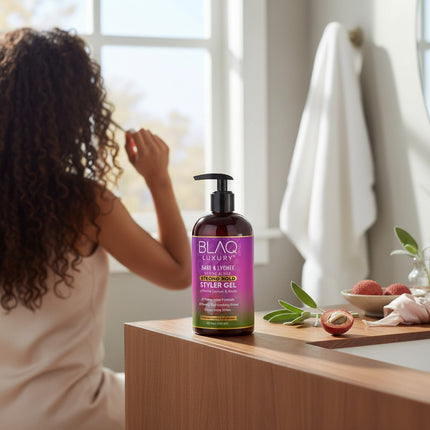 Tia's Treasure Collections Blaq Luxury Sage and Lychee Styler Gel in a 12 oz pump bottle on a bathroom vanity.
