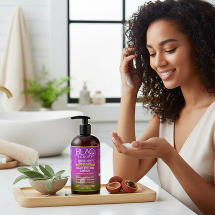 Tia's Treasure Collections Blaq Luxury Sage and Lychee daily styling lotion bottle with a woman applying product.