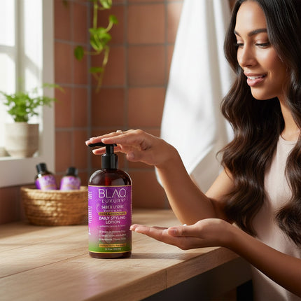 Tia's Treasure Collections Blaq Luxury Sage and Lyche daily styling lotion bottle held by a woman in a bathroom.