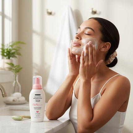 Tia's Treasure Collections Clear Essence brightening foaming cleanser used by a woman for a radiant complexion