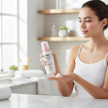 Tia's Treasure Collections Clear Essence brightening foaming cleanser bottle held by a woman in a bright bathroom.