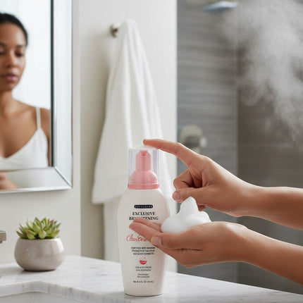 Tia's Treasure Collections Clear Essence brightening foaming cleanser with pump dispenser in a bathroom setting