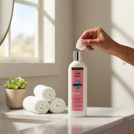 Tia's Treasure Collections Clear Essence Exclusive Glow Tonic 8 oz bottle being used with a cotton pad on a vanity.