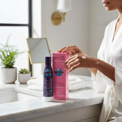 Tia's Treasure Collections Clear Essence Alpha Hydroxy Skin Beautifying Milk 4 oz bottle and pink box on vanity