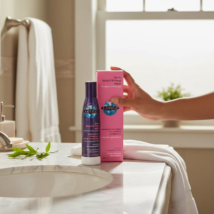 Tia's Treasure Collections Clear Essence Alpha Hydroxy Skin Beautifying Milk 4 oz bottle and box on bathroom vanity