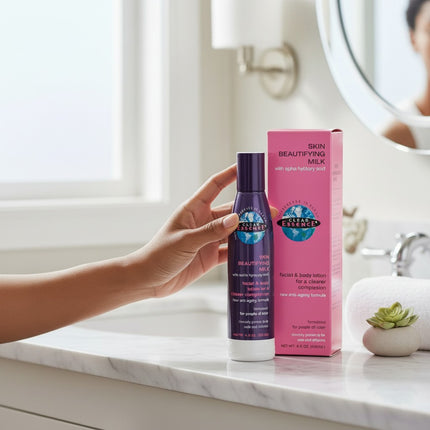 Tia's Treasure Collections Clear Essence Alpha Hydroxy Skin Beautifying Milk 4 oz bottle and pink box on vanity