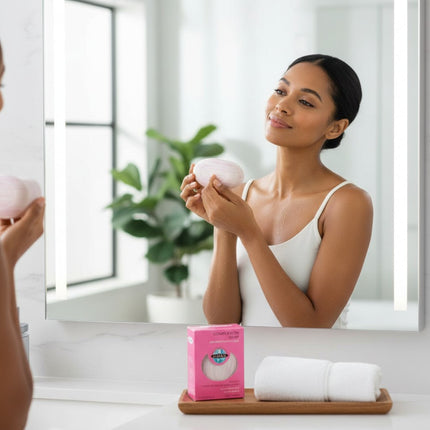 Tia's Treasure Collections Clear Essence Alpha Hydroxy complexion soap bar held by a woman in a bright bathroom