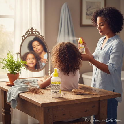 Tia's Treasure Collections CurlyKids detangle spray being used by a mother on her daughter's curly hair at a vanity