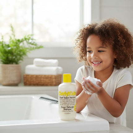 Tia's Treasure Collections CurlyKids Super Detangle Shampoo bottle with a smiling child washing hands in a bathroom