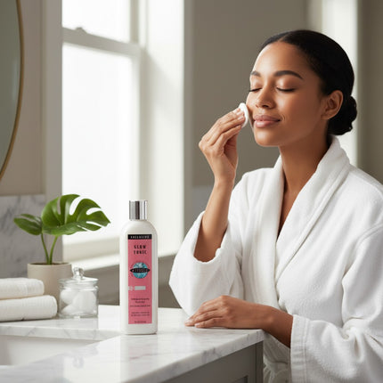 Tia's Treasure Collections Clear Essence Exclusive Glow Tonic bottle on a bathroom vanity with a woman applying it.