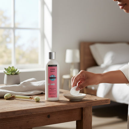Tia's Treasure Collections Clear Essence Exclusive Glow Tonic bottle on a wooden table with a jade roller and cotton pad
