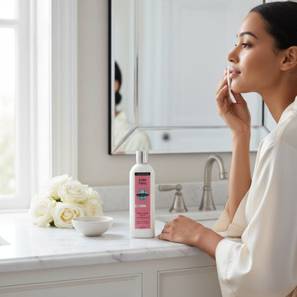 Tia's Treasure Collections Clear Essence Exclusive Glow Tonic bottle on a bathroom vanity with a woman applying it