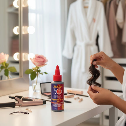 Tia's Treasure Collections Salon Pro 30 Second hair bond glue bottle on a vanity table with hair extensions