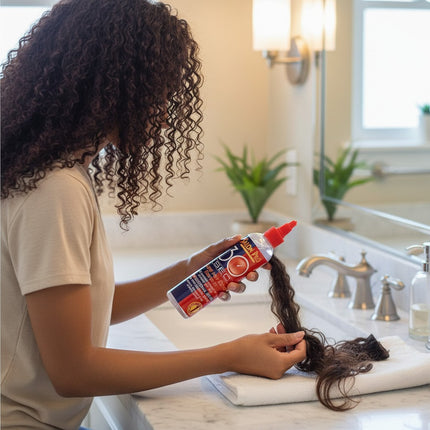 Tia's Treasure Collections Salon Pro 30 Second hair bond remover oil bottle used on hair extensions in a bathroom