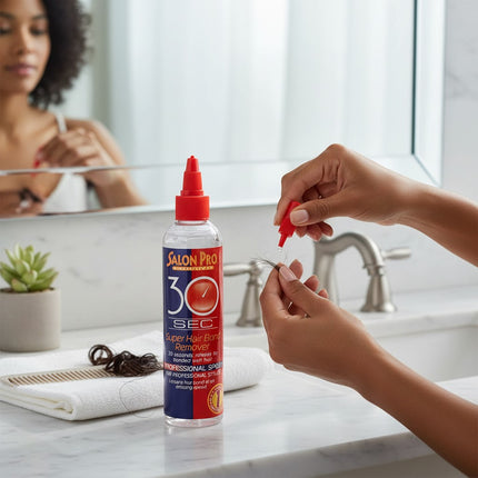 Tia's Treasure Collections Salon Pro 30 Second hair bond remover oil bottle being used to remove adhesive from hair