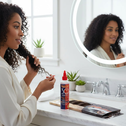 Tia's Treasure Collections Salon Pro 30 Second hair bond remover oil bottle on a bathroom counter with a woman.