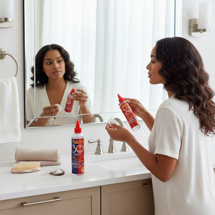 Tia's Treasure Collections Salon Pro 30 Second hair bond remover oil bottle on a bathroom vanity with a woman.