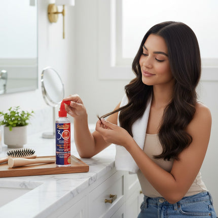 Tia's Treasure Collections Salon Pro 30 Second hair bond remover oil bottle on a bathroom vanity with a woman