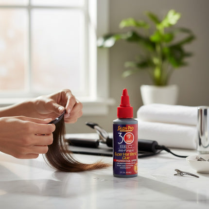 Tia's Treasure Collections Salon Pro 30 Second hair extension glue bottle on a salon table with hairpiece