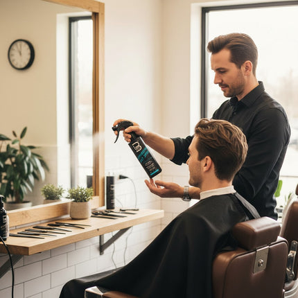 Tia's Treasure Collections L3Vel3 Texturizing Salt Spray being applied by a barber to a client in a salon.