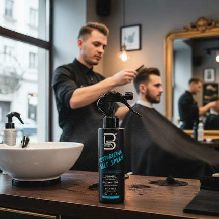 Tia's Treasure Collections L3Vel3 Texturizing Salt Spray bottle on a barbershop counter with a stylist in the background